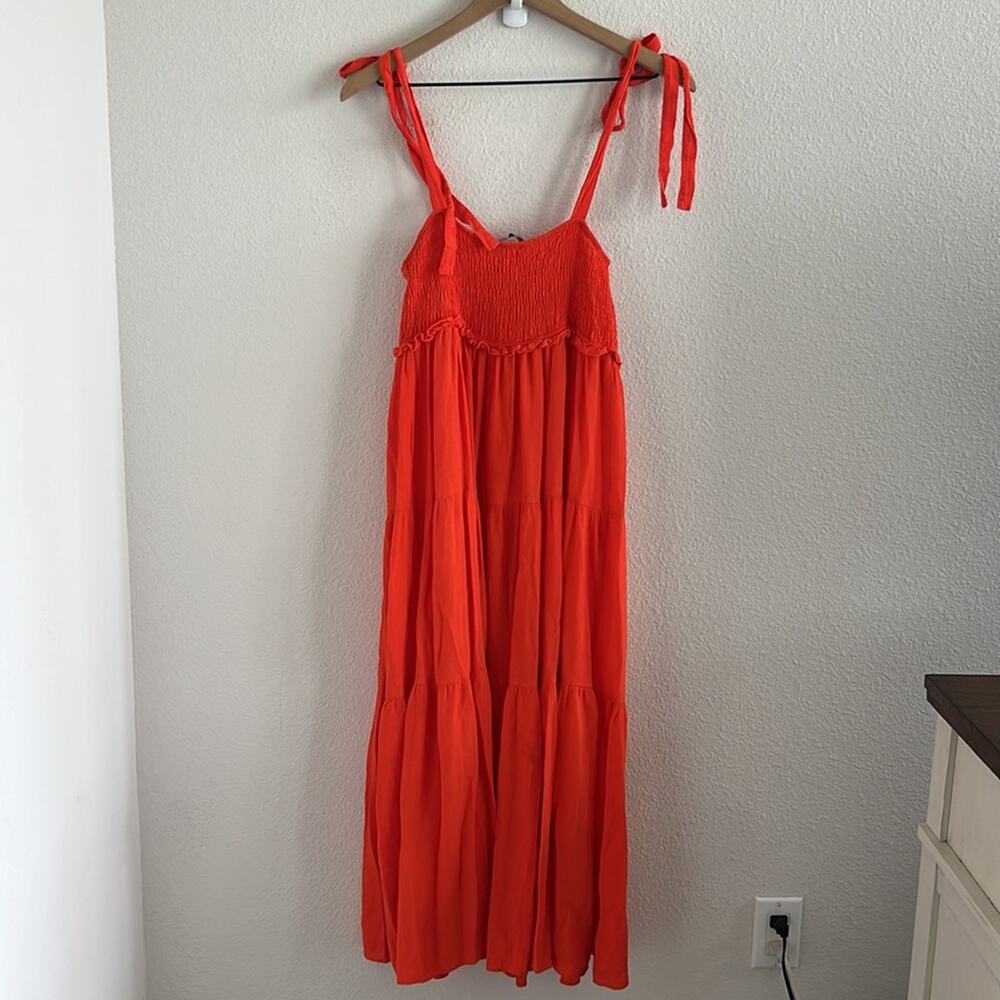 Zara Bloggers Favorite Smocked Tiered Poplin Maxi Dress Summer Red Orange Small - Picture 7 of 9